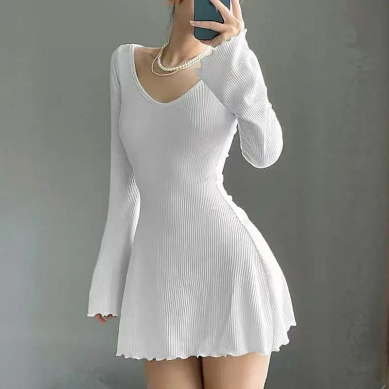 Women's V-neck, Dense Threaded White Dress, Waist-hugging Base Skirt