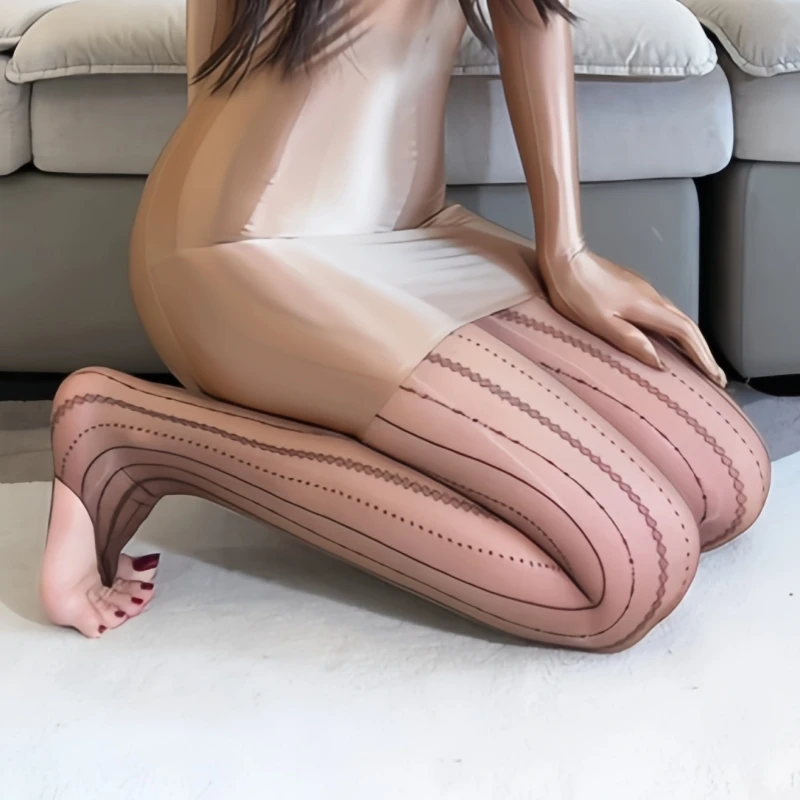 Black Sexy Jacquard Stripped Skinny Leg Hook Toe Tights 3D Oil Shiny T Shape Open Crotch Pantyhose Hot Pole Dance Clubwear