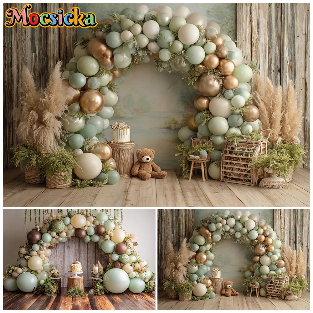 

Mocsicka Boho Sage Green Balloon Photography Backdrop Bear Grass Background Baby Shower Newborn 1st Birthday Studio Photoshoot