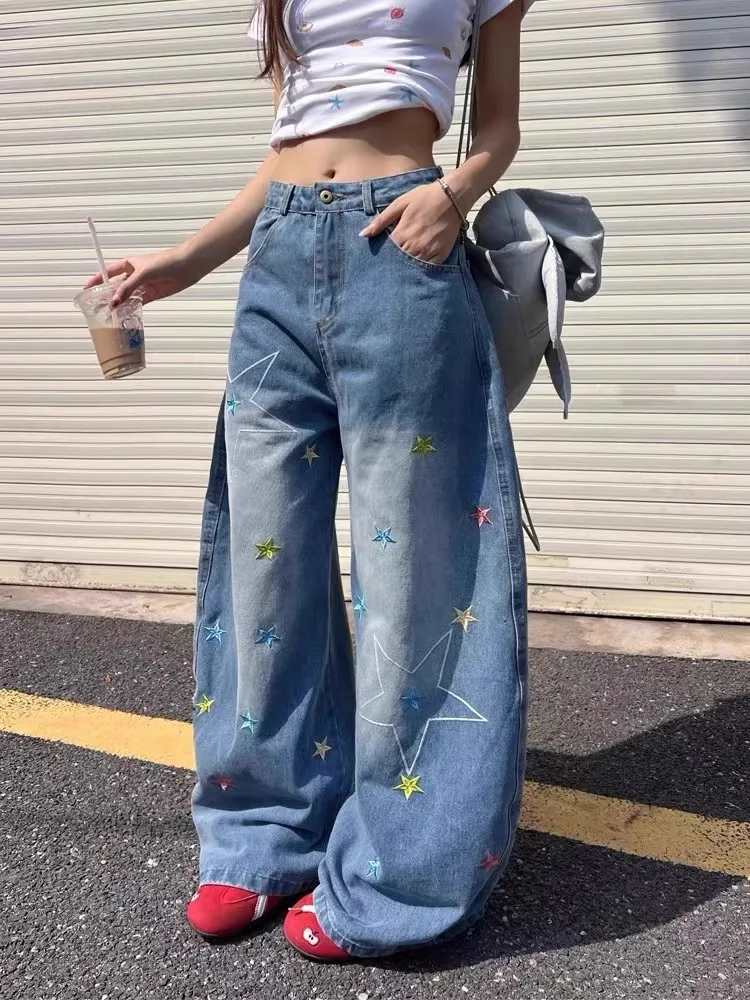 

Y2K Ретро утягивающие повседневные женские джинсы модные уличные женские джинсы с высокой талией синие простые базовые шикарные широкие брюки женские