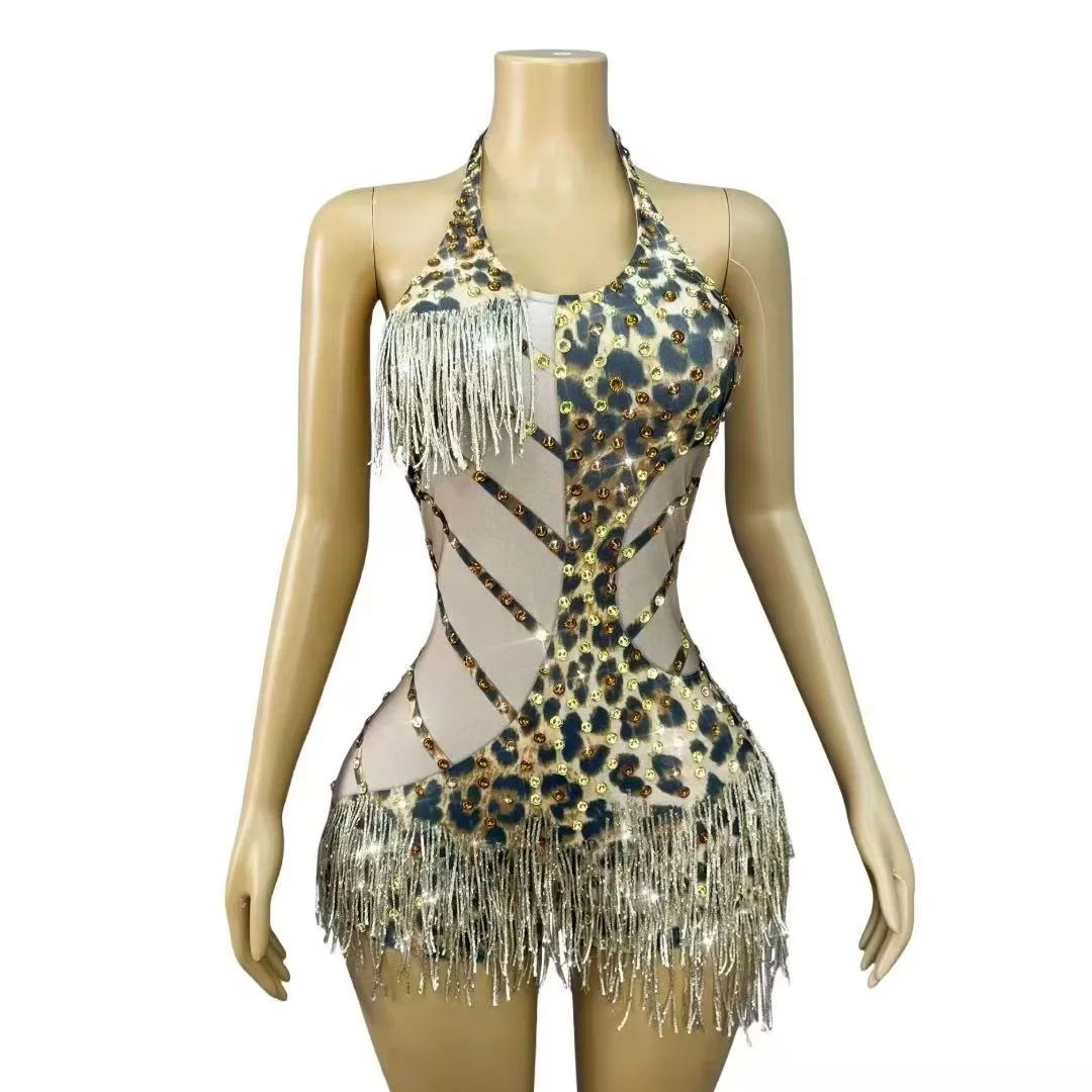 

Women's Sexy Leopard Mesh Halter Fringe Bodysuit Backless Crystal Tassel Bar Nightclub Party Pole Dance Show Dance Costume