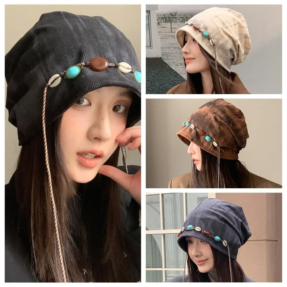 

Beading Baggy Cap Bohemian Style Ethnic Style Beanies Cap Large Head Circumference Polyester Pullover Hat for Women and Girl