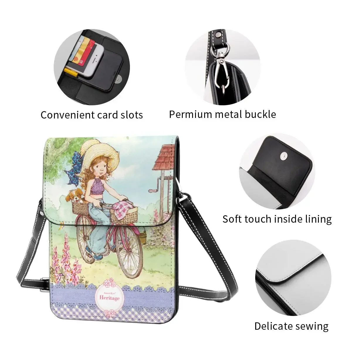 Sarah Kay Girl Bike Ride Small Cell Phone Purse Leather Card Holder Wallet Cute Kawaii Cartoon Cute Girls Mini Shoulder Bag