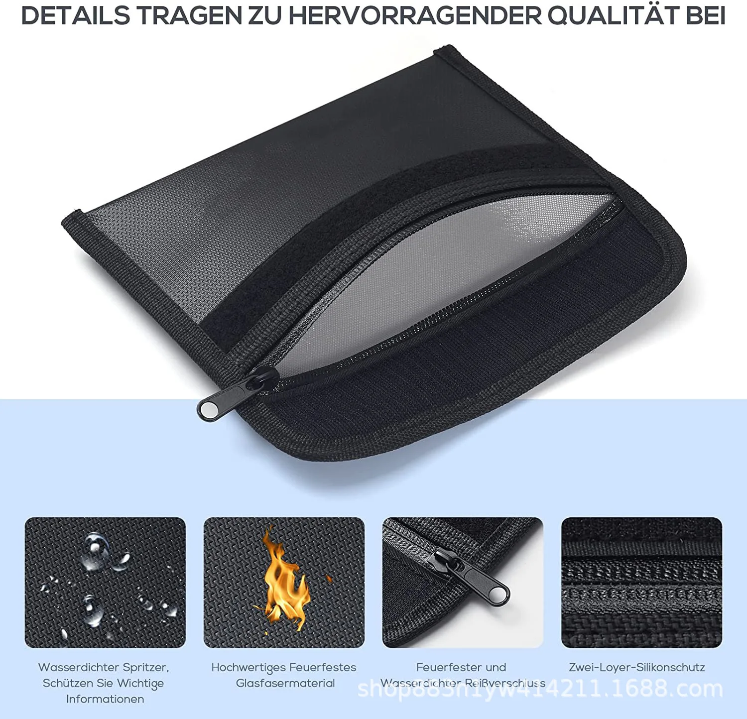 Bisofice Fireproof Document Bag Zipper Closure Cash Safe Storage Waterproof Pouch with Sticky Strip for Certificates Money Cards
