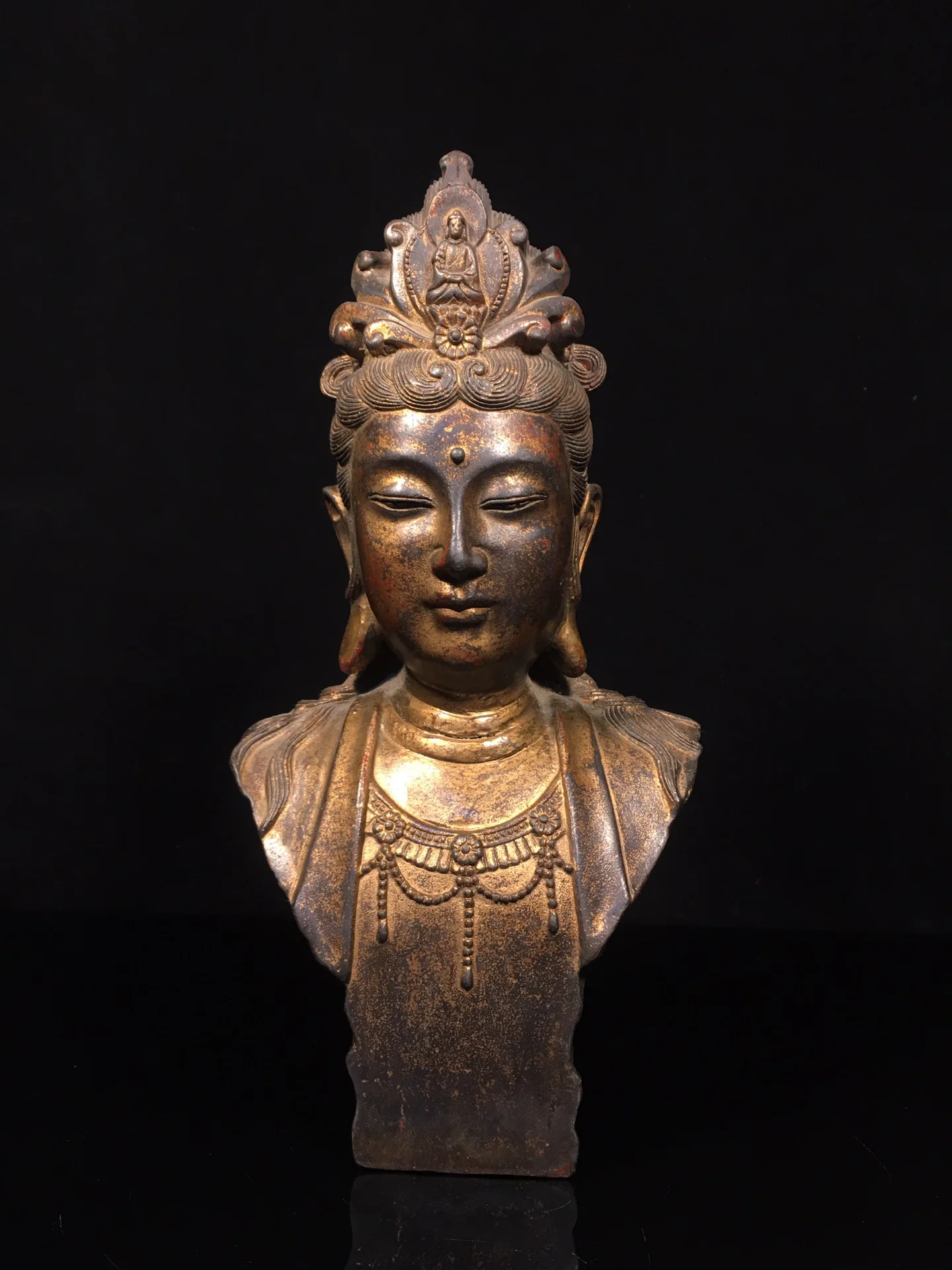 

11"Tibetan Temple Collection Old Bronze Cinnabar Mud gold Guanyin Bodhisattva Buddha Head Amitabha Worship Hall Town house