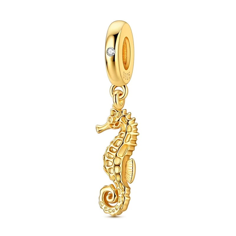 925 Sterling Silber Charms Perle CZ Zirkon Gold Seepferdchen Anhänger Passend für Original Armband DIY Damen Schmuck Geschenk