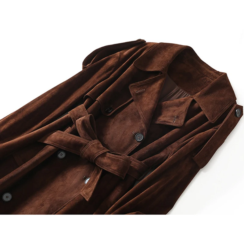 Chaqueta de ante auténtica para mujer, abrigo de piel de oveja marrón/gris, elegante, estilo británico, cinturón cruzado, abrigo de cuero informal largo ajustado