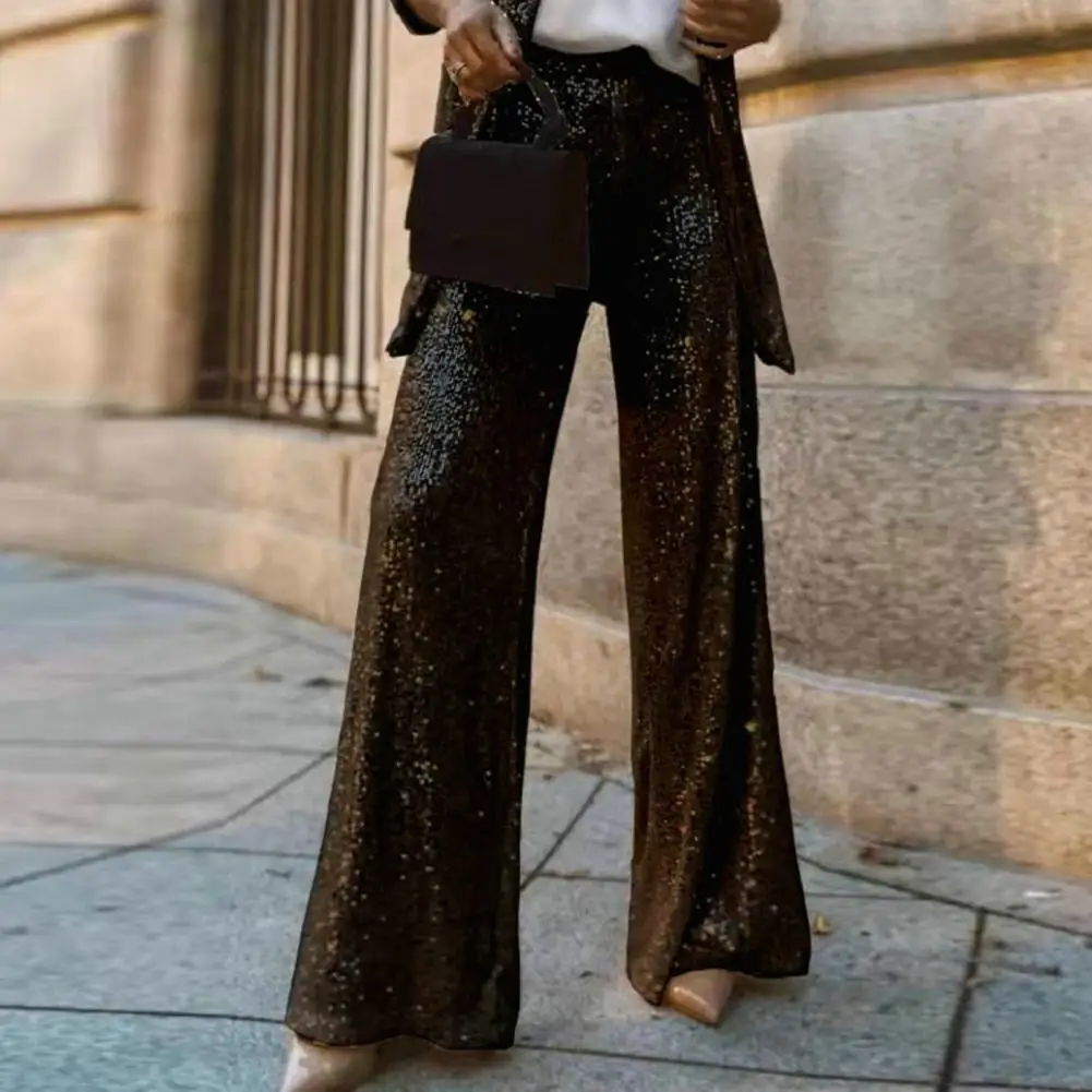 Women Sequin Pants Sparkly Party Pants Elegant Sequin Cardigan Wide Leg Pants Set for Women Formal Commute Style Coat with High