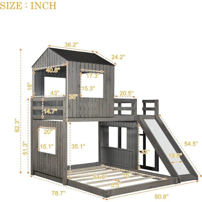 Designs House Bunk Beds Twin Over Full Size, Wood Bunk Beds with Roof and Window (Distressed Grey, Twin Over Full