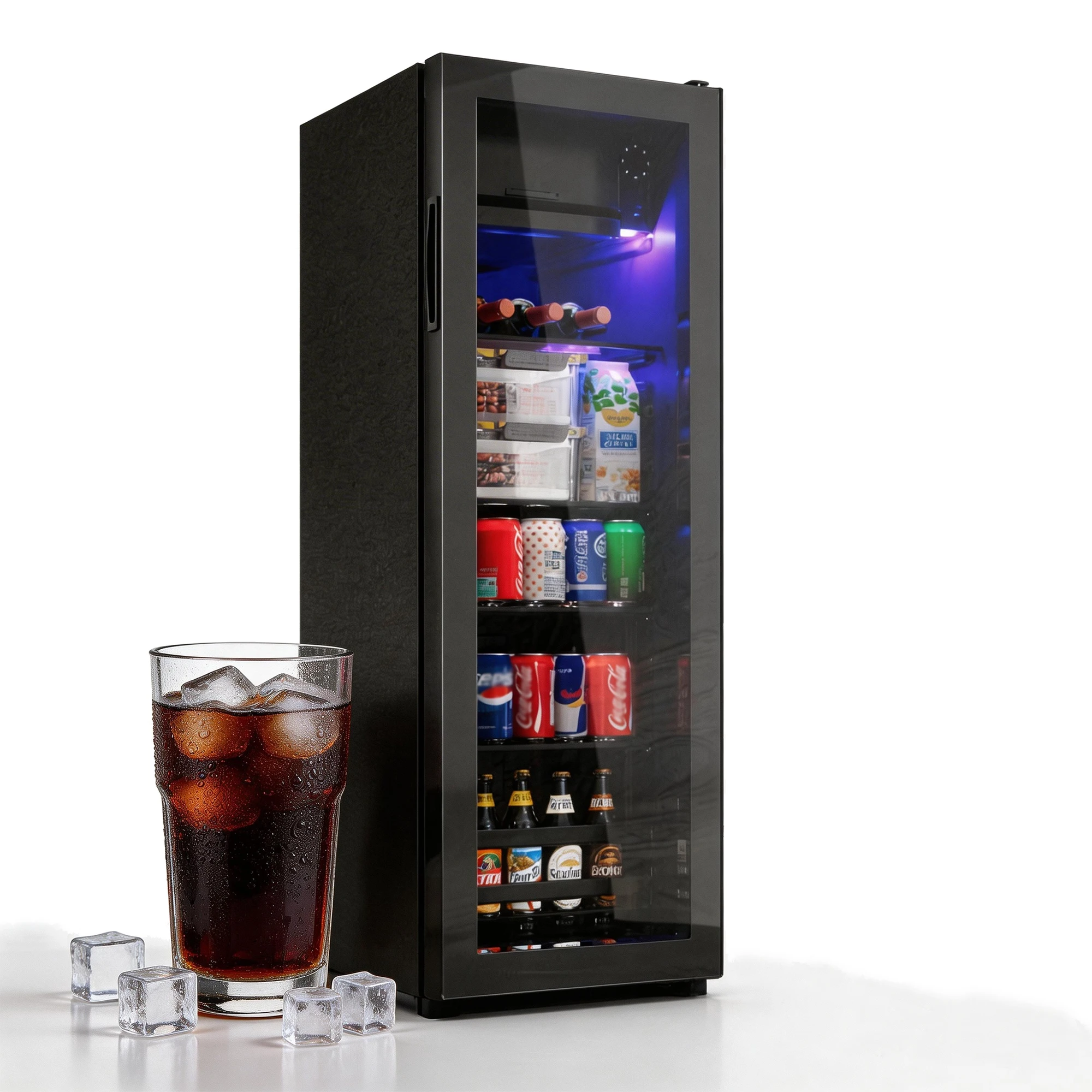 Mini Refrigerador de 128L, 8L Congelador + 120L Refrigerador, Capacidad para 94 Latas de Limonada, Agua, Cerveza o Vino. Funcionamiento Silencioso, LED Azul