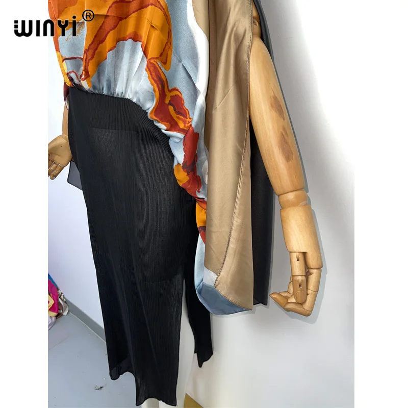 WINYI 2022 Europe Print color blocking caftan For Women Pleated Dress Design Loose Dress Maxi Long Femme Party Elegant Dress