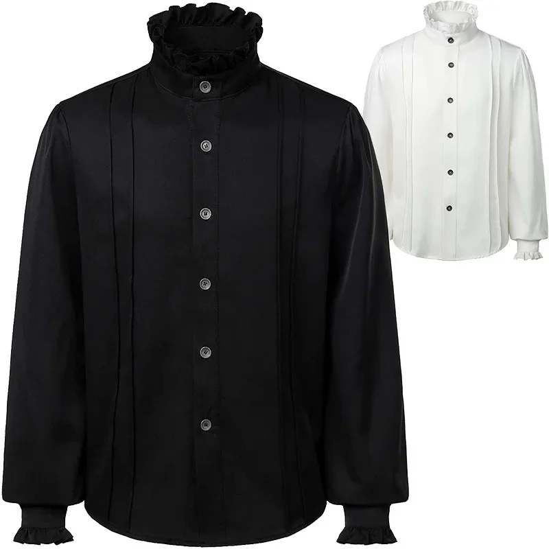 Men White Pirate Shirts Vampire Renaissance Victorian Steampunk Gothic Ruffled Medieval Shirt Men Party Halloween Chemise Homme