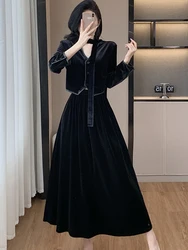 Fashion Vintage Autumn Elegant Suits Women Black Velvet Crop Tops + High Waist A-Line Long Skirts Office Lady Two Pieces Sets