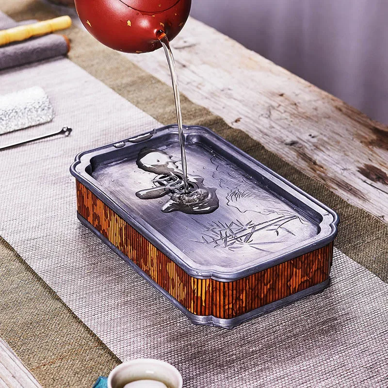 Pot Tray Ancient Tin Rectangular Water Storage Bamboo Tea Tray Small Tea Table Kung Fu Teaware Teapot Serving Tray