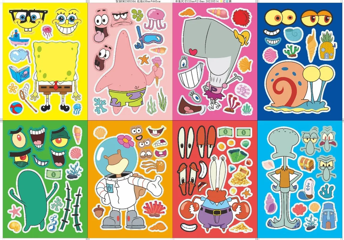 Набор-из-8-16-листов-наклеек-пазлов-«Скворцовый-штан»-с-Губкой-Бобом-Собери-своё-лицо-Детская-мультяшная-игра-головоломка-для-самостоятельной-сборки-Развивающие-игрушки-Подарок-для-детей