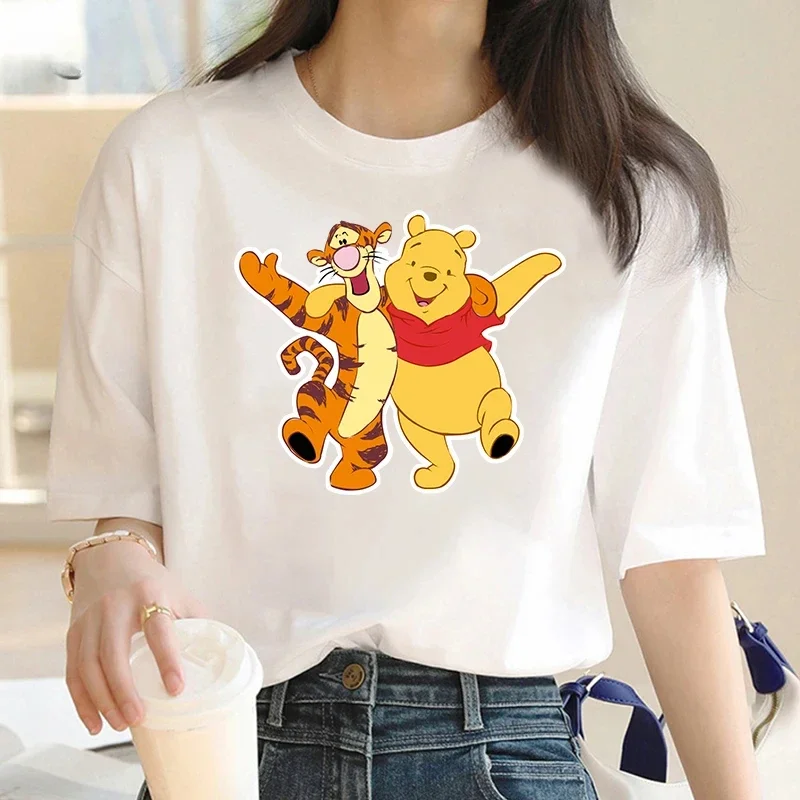 تي شيرت أبيض من Winnie ذا بو للنساء ، قمم Ulzzang من هاراجاكو ، أكمام قصيرة ، صيد أسماك كرتونية ، طباعة جرافيك ، أزياء كاواي