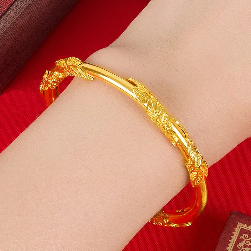 New genuine gold 999 with certificate, caring vine bracelet, fashionable and simple flower leaf relief opening bracelet