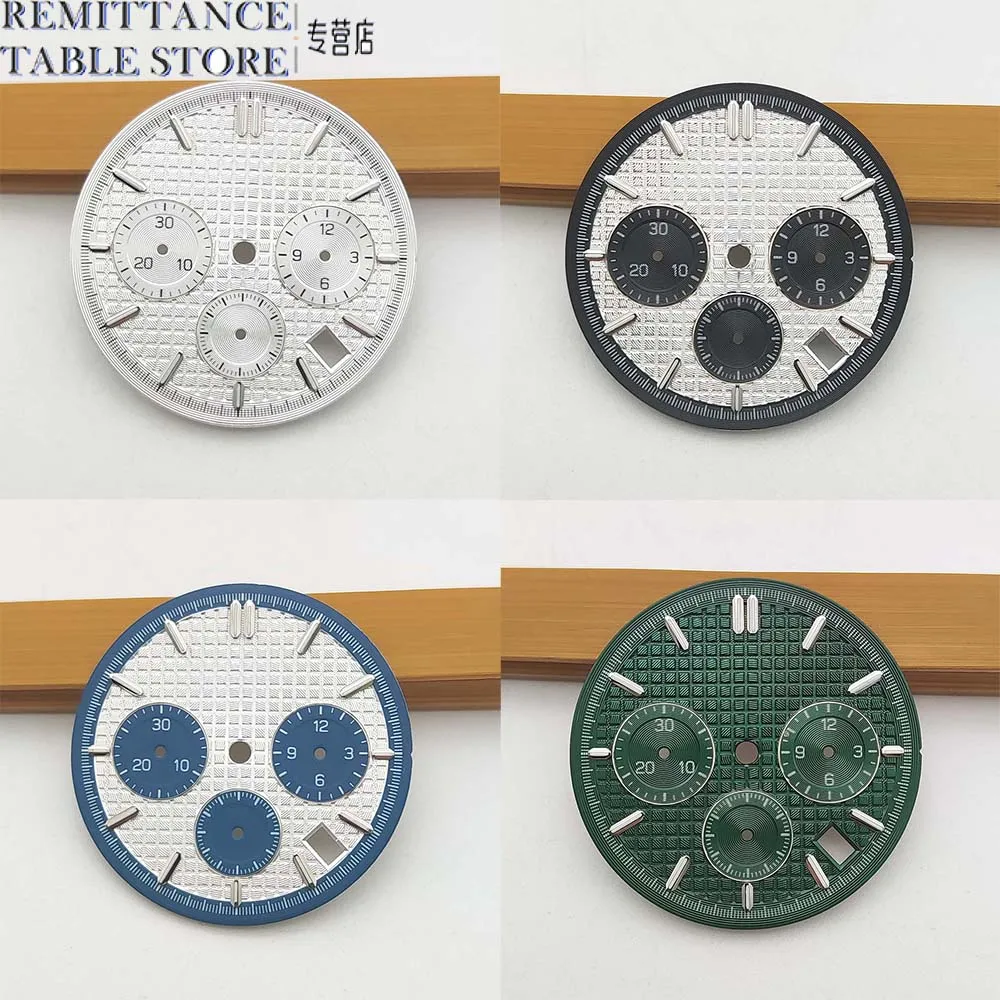 New 32mm VK63 three-eye chronograph aseptic dial quartz watch dial spare parts night markers green luminous