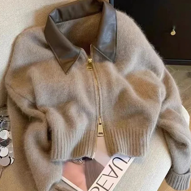 

Spring Autumn Women's Zipper Ne Knitted Sweater Leather Coat Sle Faion Korean Loose Fit Long Sve Cotton Blend