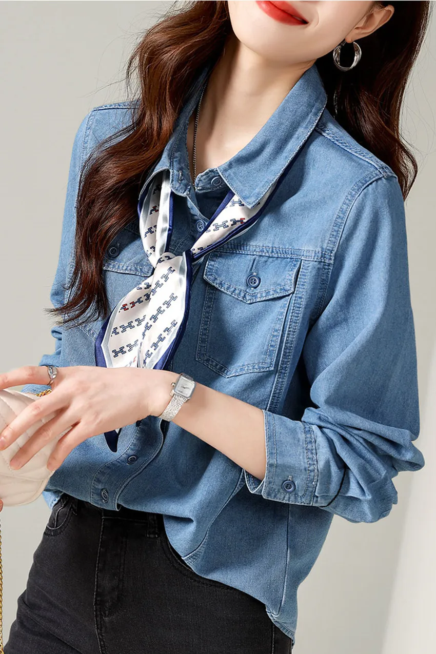 

Elegant Women Button Up Denim Shirts with Scarf Long Sleeve Casual Blouse for Autumn
