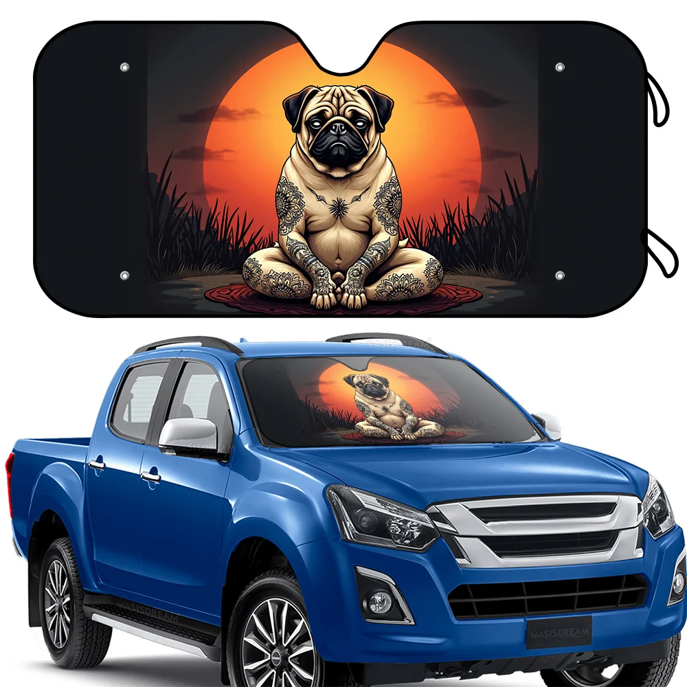 

1pc Meditating Pug Print 57" x 27.5" Foldable UV Protection Sunshade Windshield with Accessories - 4 Free Suction Cups, Protects