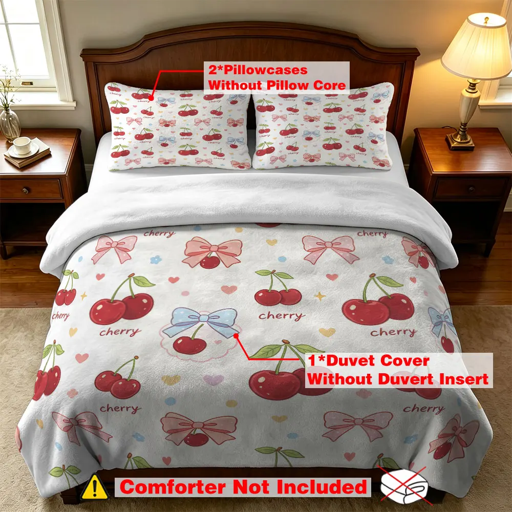 Cherry Bow Knot Print Milk Velvet Duvet Cover Set 3 Piece Sweet Pink Soft Flannel Bedding Set Girls Bedroom Decor