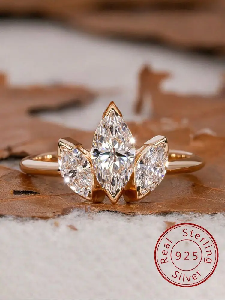 

Классическое простое кольцо из стерлингового серебра 925 пробы с тремя цирконами маркизы для женщин, обручальное свадебное роскошное ювелирное изделие высокого качества