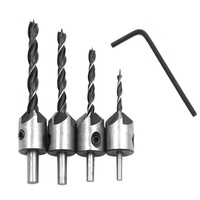 4pcs Carpentry Drill+1pc Wrech 3mm-6mm HSS Flute Countersink Drill Bits Set Chamfer Reamer for Woodworking Drill Bit Power Tools