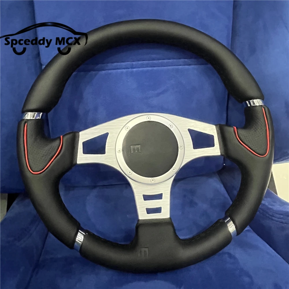 M 14inch Classic Silver Bracket Leather Steering Wheel Racing 350mm Car Sport