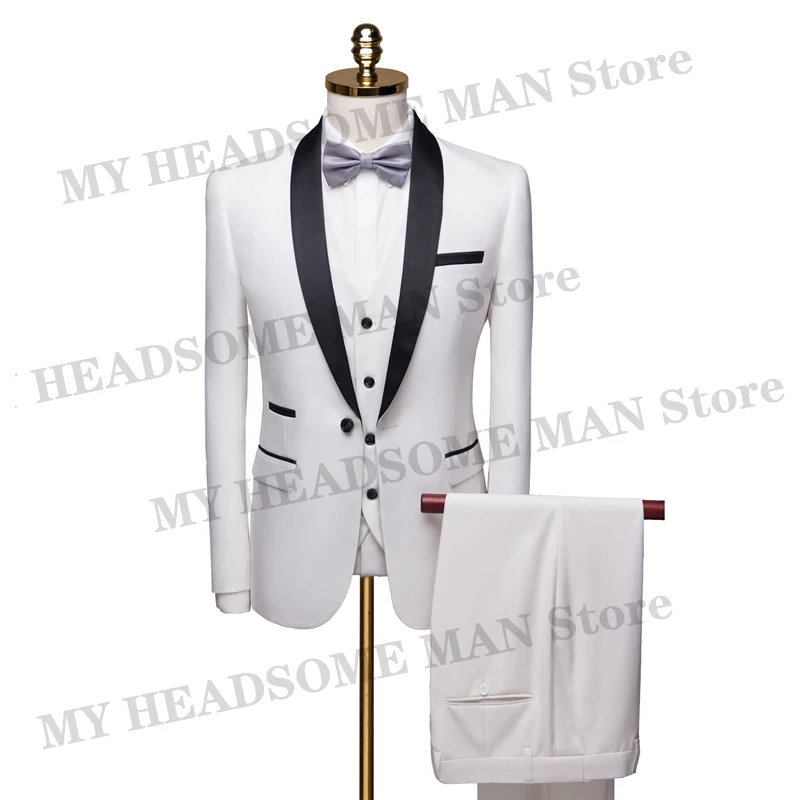 

(Jacket+Vest+Pants)White Suit Men 2023 New Spring Autumn Slim Fit Wedding Suits For Men Shawl Collar Prom Party Suits