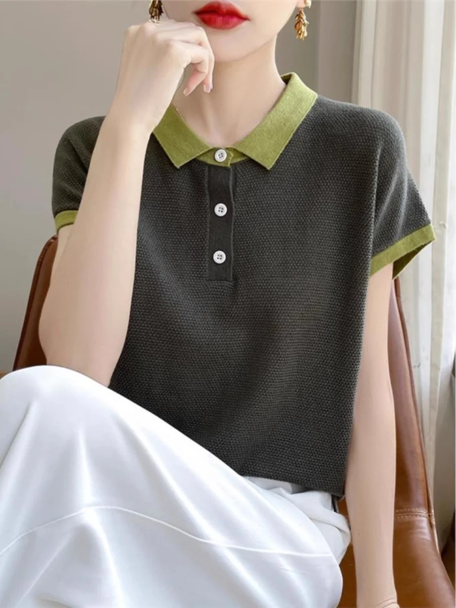 

Весенняя тонкая трикотажная футболка с коротким рукавом для женщин, свободный крой, молодежный стиль, контрастные цвета, модная повседневная одежда