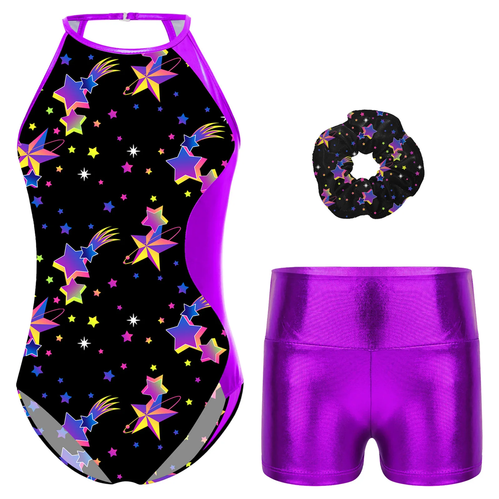 

Kids Girls Figure Skating Acrobatics Performance Costume Sleeveless Printed Gymnastics Leotards with Metallic Shorts Hair Band