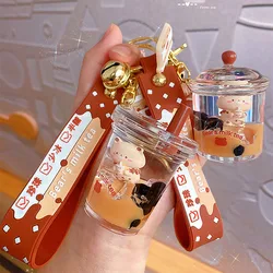 Cute Oily Pearl Milk Tea Bear Floating Liquid Keychain Bag Pendant Cartoon Cup Drink Bottle Keychain Girl Key Chain Gift 2023