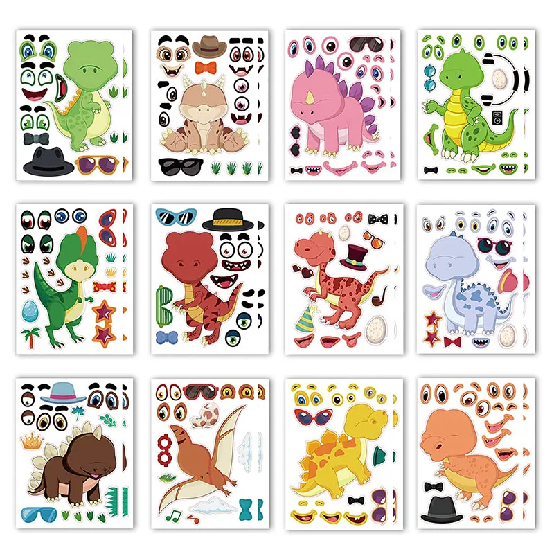 Cute Dinosaur Stickers Toys DIY Make Your Own Dino Make A Face Stickers for Kids Children Boys Girls Party Favor Birthday Gifts