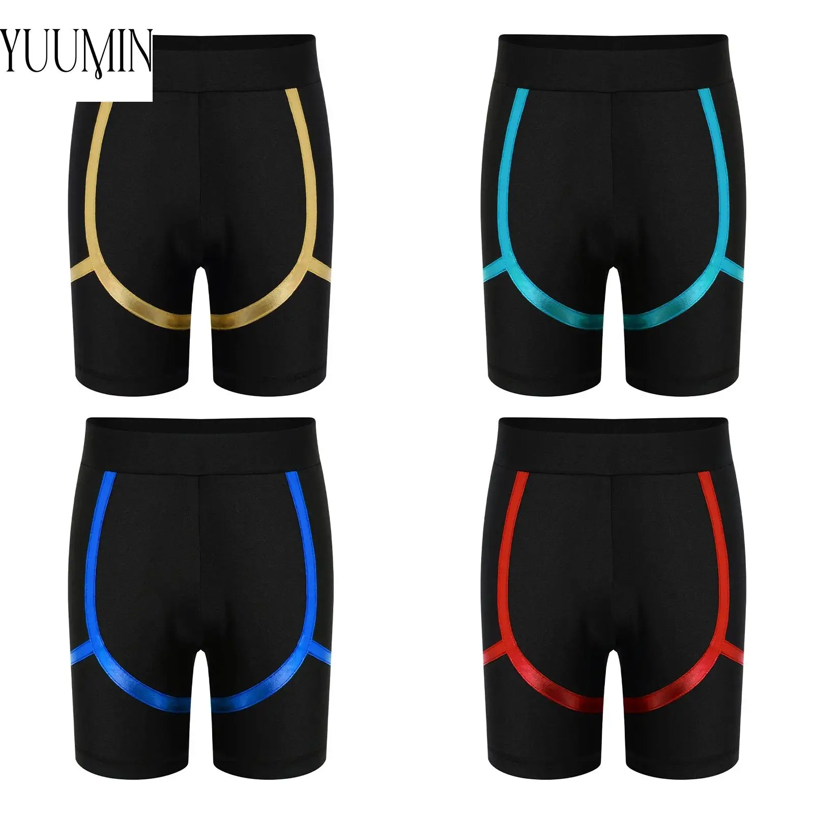 

Детский гимнастический тренировочный костюм для мальчиков, эластичный пояс, шорты контрастного цвета металлик для фигурного катания на коньках, танцев