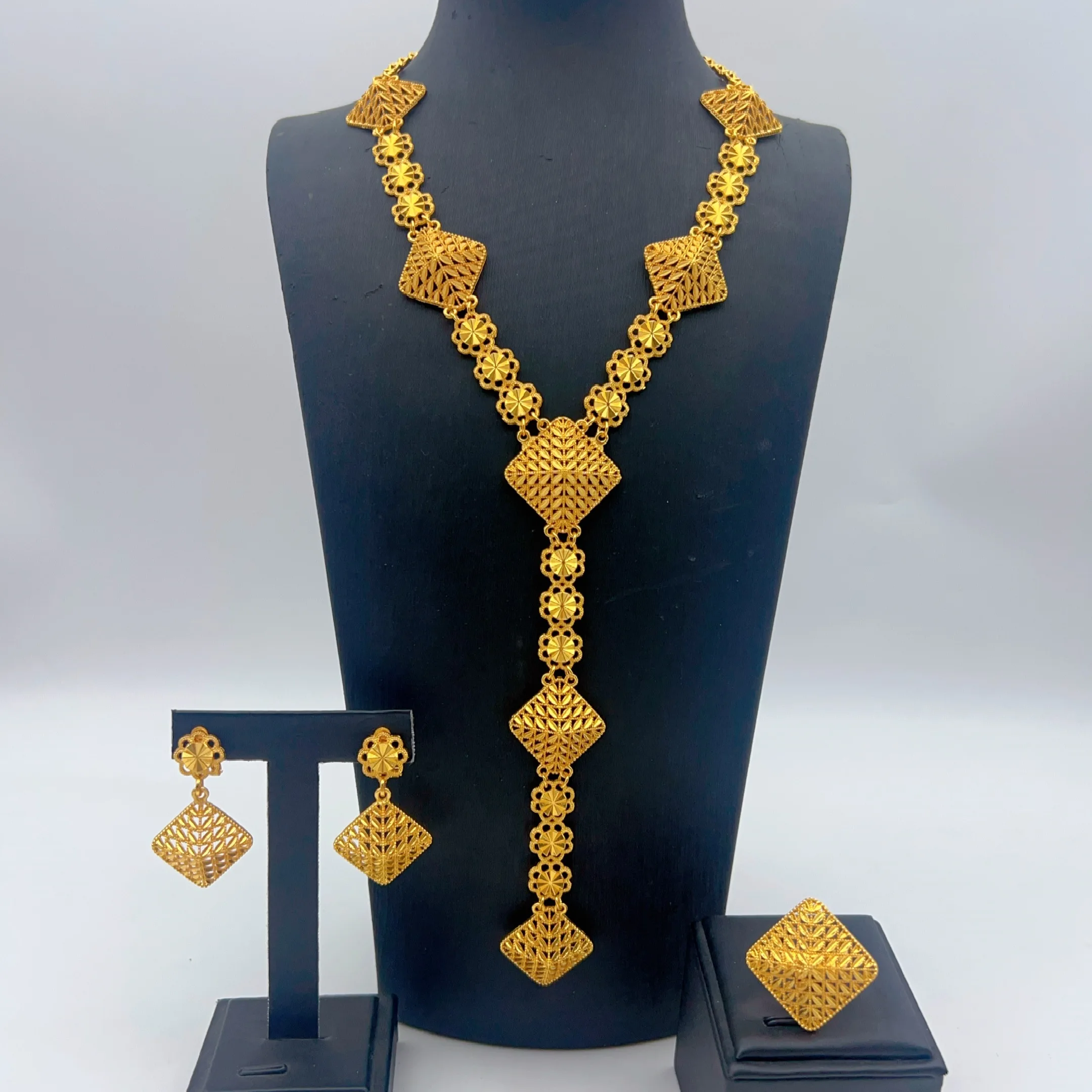 Nigeria 24k vergoldetes Schmuckset für Damen, Dubai, indisch, afrikanisch, Brautschmuck, lange Halskette, Ohrringe, Hochzeitsgeschenk, Schmuck