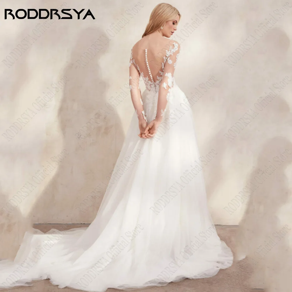 RODDRSY Vintage Wedding Dresses Scoop Long Sleeves Illusion Back Bride Gowns Applique A-Line Wedding Dress  vestido de noiva