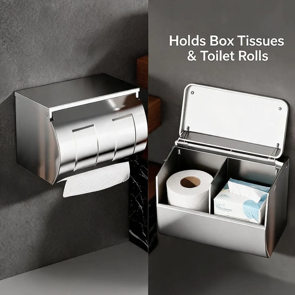 Stainless Steel Toilet Paper Dispenser with Covered Storage Compartment Rust Resistant SUS304 20 cm for L x 10 cm W x 13 cm H