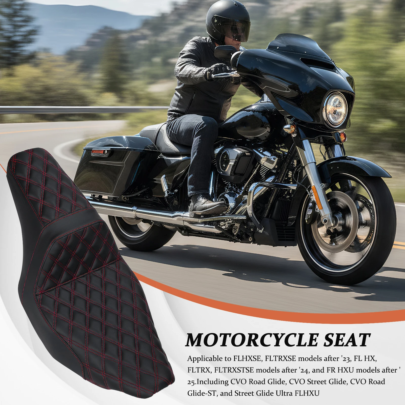 

PU Leather One-Piece Seat Stepped Type with Diamond Pattern Stitching Fit for Harley Street Glide FLHX CVO Road Glide-ST