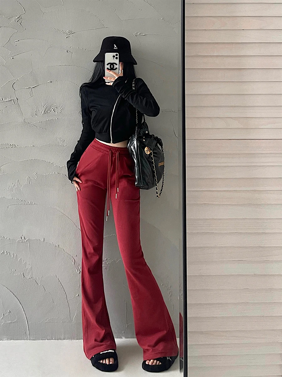 

High Waist Dstring Bootcut Sweatpants Casual Sports Leg Lengthening Long Pants for Young Girls