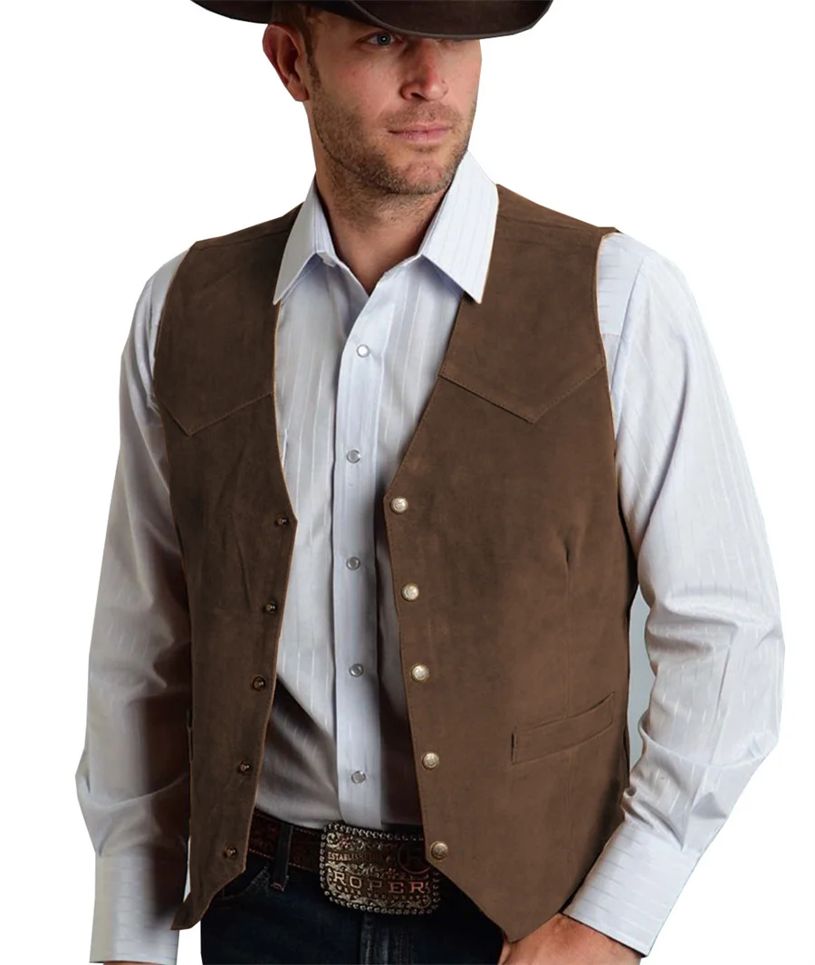 2026 New Men Punk Vests Suede Sleeveless Jackets Cowboy Waistcoat Single Breasted Irregular Men's V-neck Bussiness Jacket