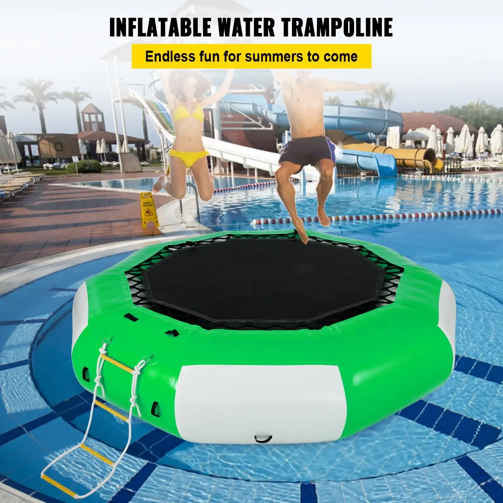 Inflatable Water Trampoline 10ft, Round Inflatable Water Bouncer with 4-Step Ladder