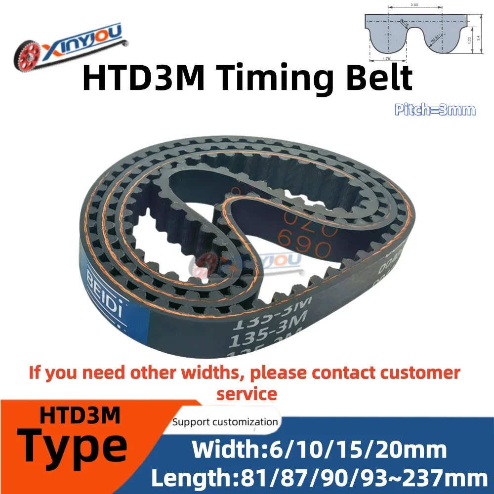 HTD3M Rubber Timing Belt 3mm Tooth Pitch Belt width 6/10/15/20mm Length Options 81-237mm Selectable for Precision Drive Systems