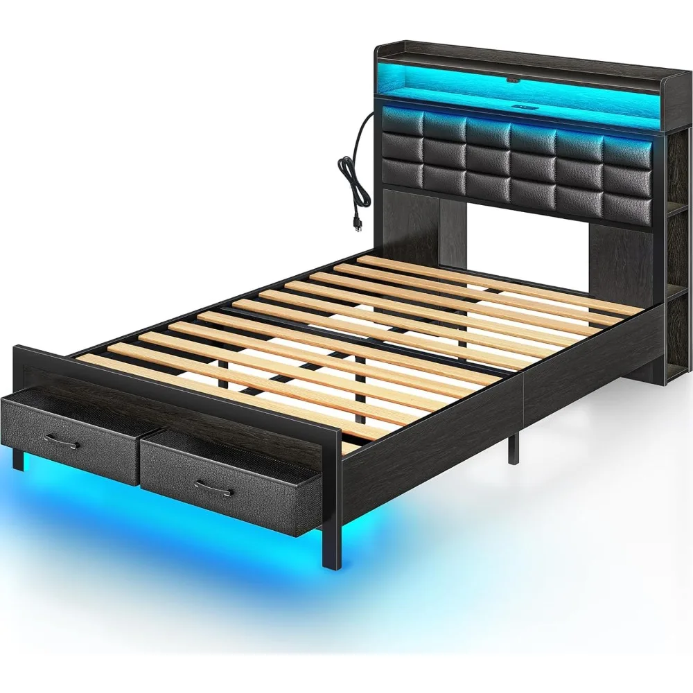 

Bed Frame Twin Size with Storage Headboard and 2 Drawers, Upholstered Platform Bed with Charging Station and LED Light