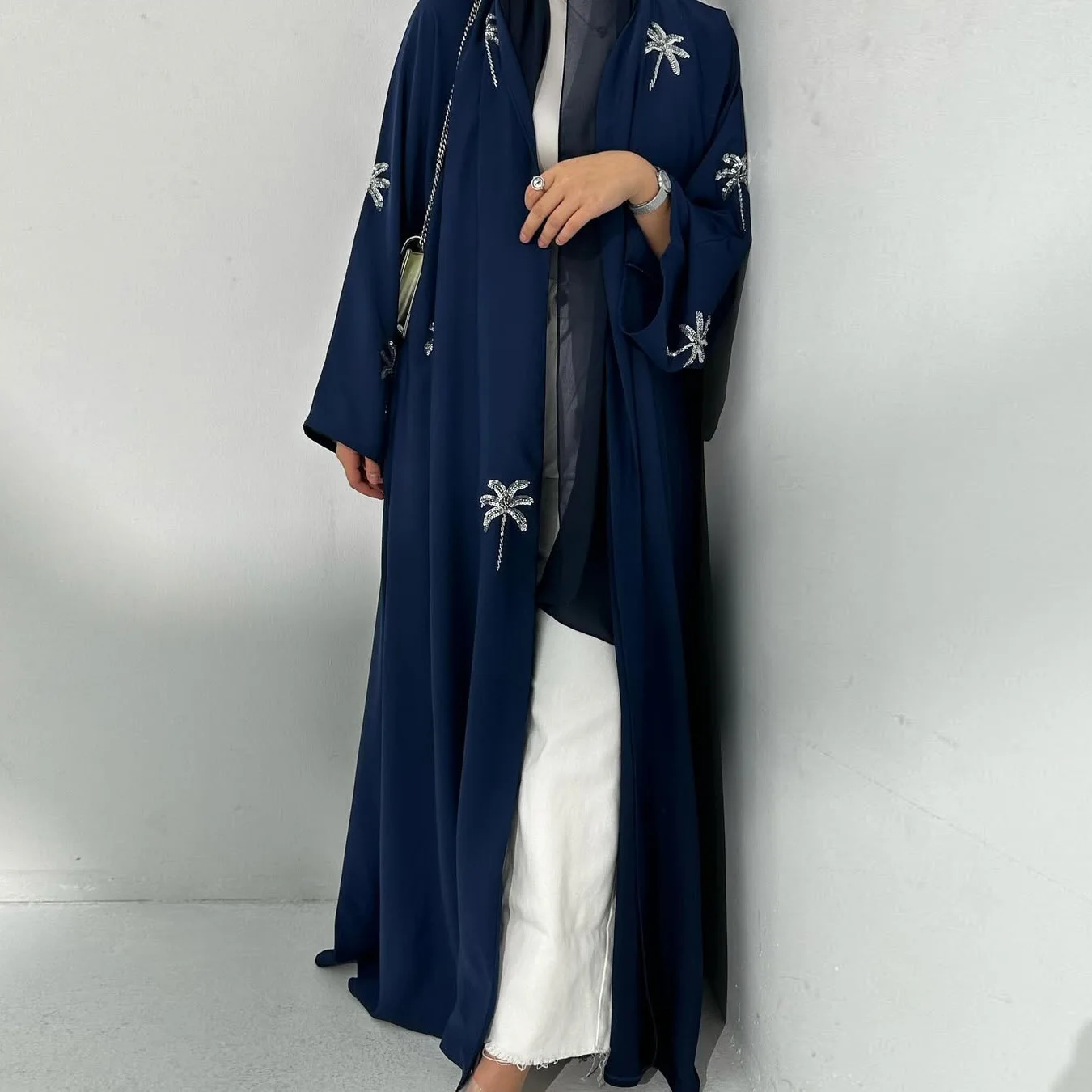 Muslim Women Beaded Palm Tree Embroidered Open Front Abaya Kaftan Long Sleeve Maxi Dress Modest Dress