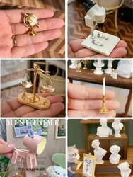 1:12 Casa delle bambole in miniatura Globo Mini Lampadario Lampada Candela Mini Sveglia Telefono Computer Set Statua in gesso greco nordico