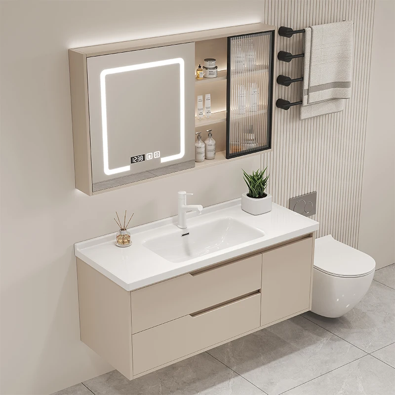 

Nordic Cream Wind Solid Wood Bathroom Cabinet Ceramic Integrated Basin Toilet Face Wash Basin Cabinet Combination Wash Set