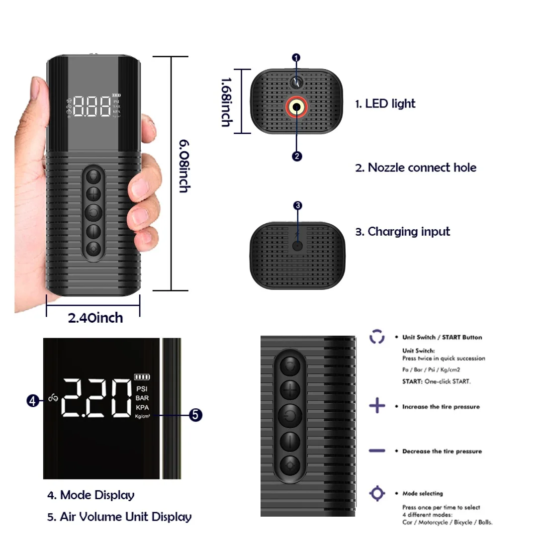 قوة قوية الرقمية تظهر مضخة الهواء إطار السيارة نفخ الهواء منفاخ الإطارات الرقمي مع مقياس الضغط