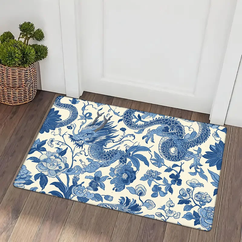1pc Blue and White Porcelain Dragon Pattern Door Mat, Soft Warm Non-Slip Flannel Area Rug, Comfortable Floor Mat for Entry Kitch