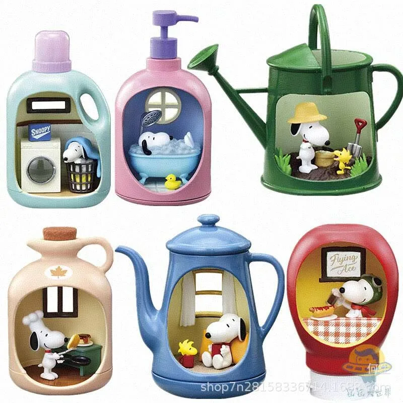 سنوبي الحياة في زجاجة صندوق أعمى اللعب مشهد مصغر لطيف سنوبي أنيمي نموذج لجسم ألعاب الدمى جمع الحلي هدايا الاطفال